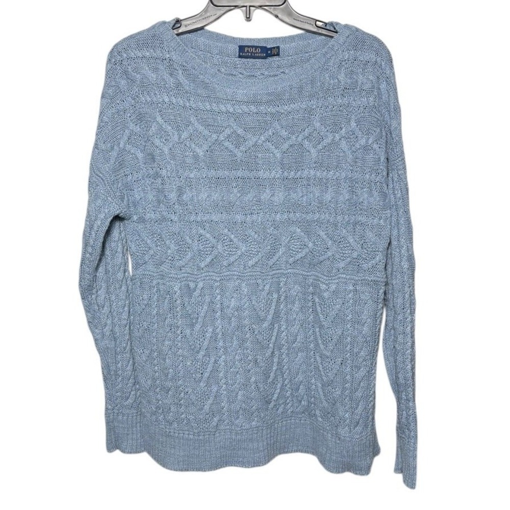 Polo Ralph Lauren Blue Linen Blend Cable Knit Sweater Women's Size M Preppy